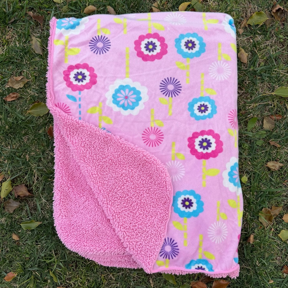 Y2K Manhattan Kids Pink Flower Minky Sherpa Reversible  Security Blanket 29x38
